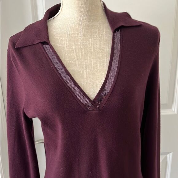 Calvin Klein Plum V-Neck Sequined Sweater Aubergine Collared Fine Gauge Knit - Picture 4 of 6